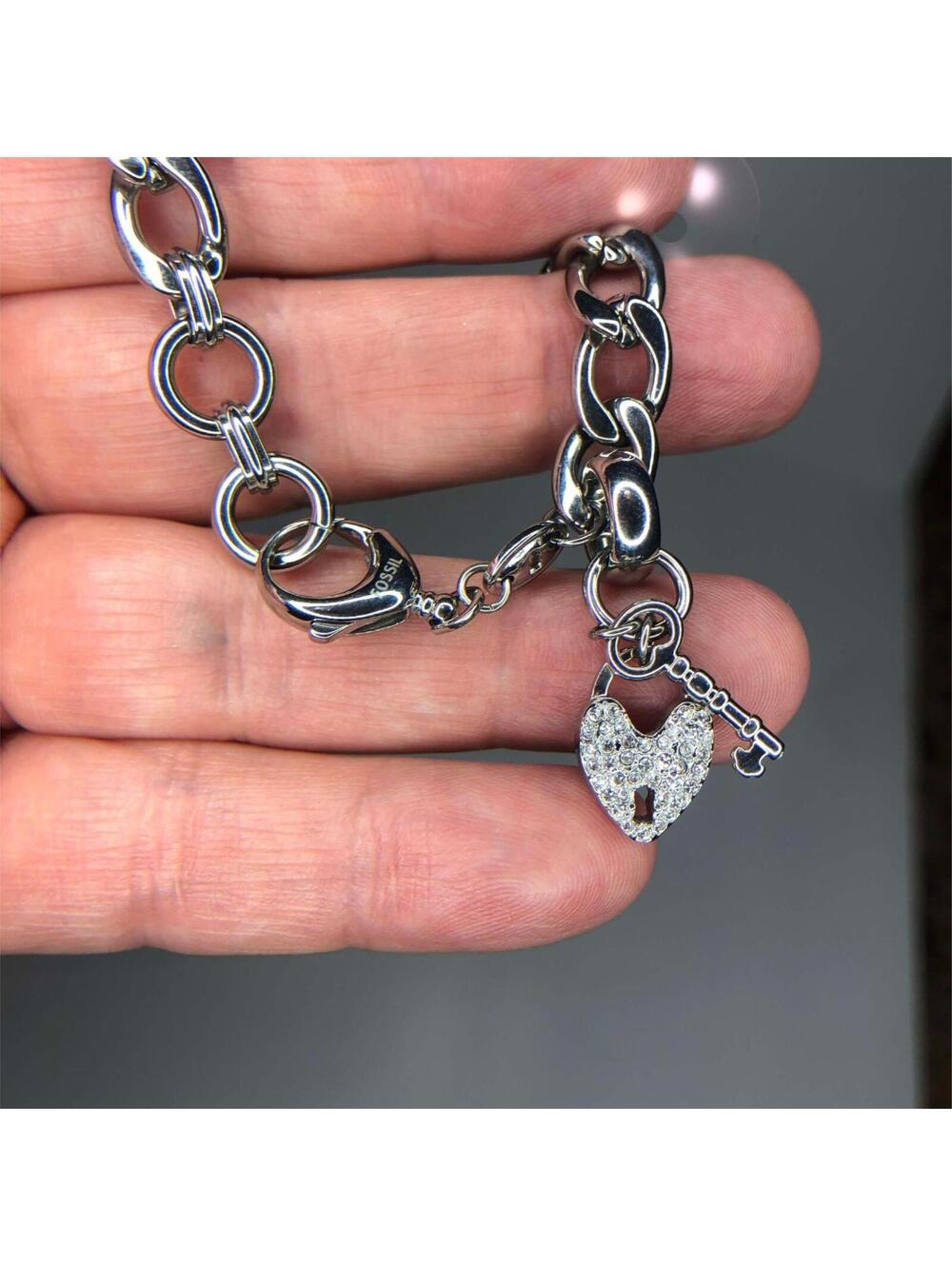 1103 Fossil  circle CZ steel heart cz key charm bracelet 7.5"